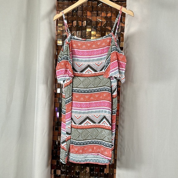 Shein Orange Pink Tan Black & Cream Print Short Sleeve Cold Shoulder Blouse Sz L - Picture 9 of 9